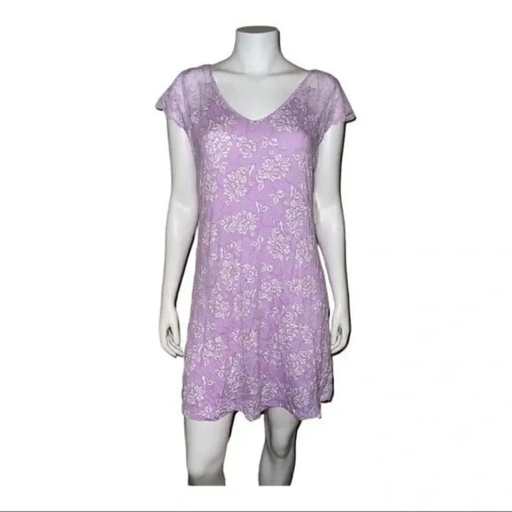 Charter Club Purple Chainstitch Floral Lace-Sleeve Chemise Nightgown XS NWT